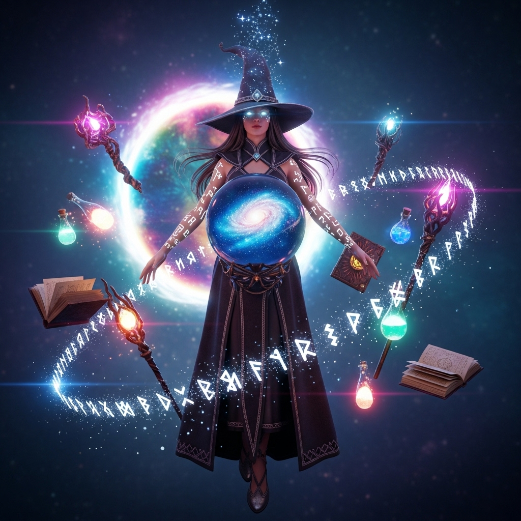 Ancient numerology witch with crystal ball performing Korean mystical astrology card readings