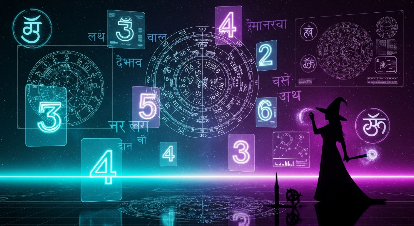 Ancient numerology Sanskrit panchang chart with Korean mystical calculations for cosmic destiny readings