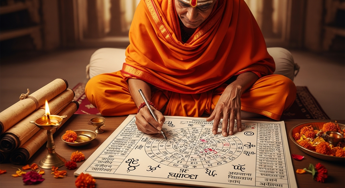 Traditional Indian pandit creating authentic Vedic kundali panchang calendar with Sanskrit numerals and astrological calculations